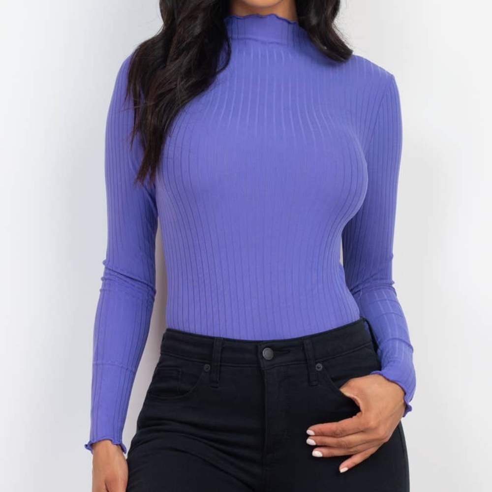 Purple Lettuce Edge Mock Neck Long Sleeve Bodysuit
